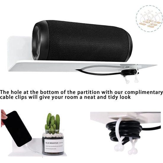 Set van 3 wandplanken, met 6 Kabelklemmen, Zwevende Acrylplank, wandplanken voor slaapkamer, badkamer, keuken, woonkamer, kantoor, speelkamer (Wit)