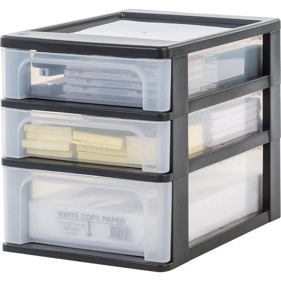 Drawer Cabinet, Drawer Cabinet, 3 Drawers (2 x 4L + 1 x 7L), A4 Format, Clear Drawers, Office, Living Room Organiser Chest Black