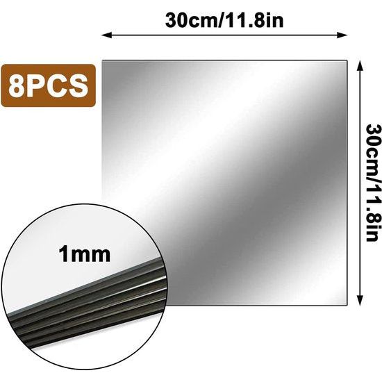 8 stuks wandspiegel, 30 x 30 cm, kleefspiegel, 1 mm, geen glasspiegel, tegelspiegel, zelfklevende spiegelbladen, flexibele spiegelfolie, acrylspiegel, schoolspiegel, wandspiegel, voor badkamer, woonkamer, decoratie