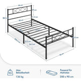 Modern metalen bedframe met lattenbodem, tweepersoonsbedframe met hoofdeinde, logeerbed voor slaapkamer en logeerkamer, 90 x 200 cm, zwart