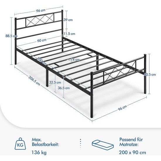 Modern metalen bedframe met lattenbodem, tweepersoonsbedframe met hoofdeinde, logeerbed voor slaapkamer en logeerkamer, 90 x 200 cm, zwart