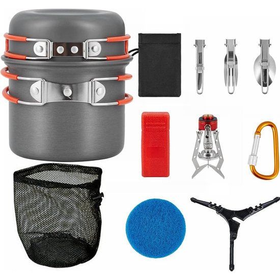 Campingserviesset voor 2 personen, aluminium pan, lichte pannenset, opvouwbare kookpan, outdoor kookset met pot, kom, pan voor camping, wandelen, trekking en wandelen