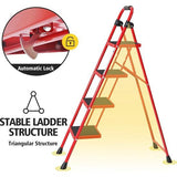 Trapladder, vouwladder met antislip en breed pedaal, kleine ladder met handvat, robuuste stalen ladder, lichtgewicht en draagbare trapladder (rood, 4 treden met leuningen)