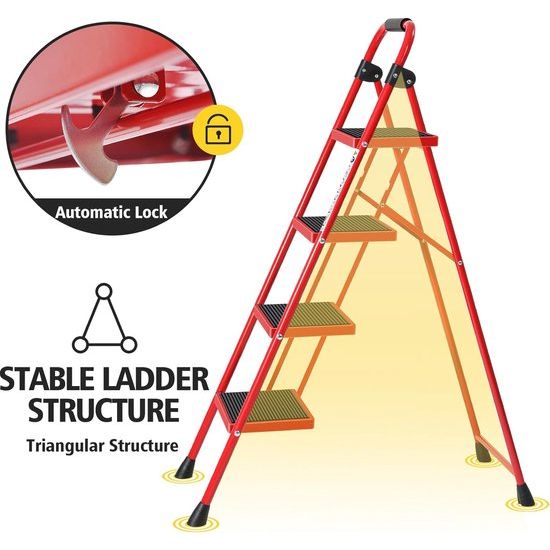 Trapladder, vouwladder met antislip en breed pedaal, kleine ladder met handvat, robuuste stalen ladder, lichtgewicht en draagbare trapladder (rood, 4 treden met leuningen)