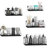 Set van 5 wandplanken, zwevende planken met zwarte metalen staven en zwarte houten plank, rustieke plankenwand voor keuken, badkamer, slaapkamer, woonkamer en kantoor (M-vormig)