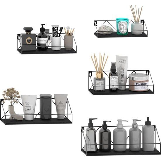 Set van 5 wandplanken, zwevende planken met zwarte metalen staven en zwarte houten plank, rustieke plankenwand voor keuken, badkamer, slaapkamer, woonkamer en kantoor (M-vormig)