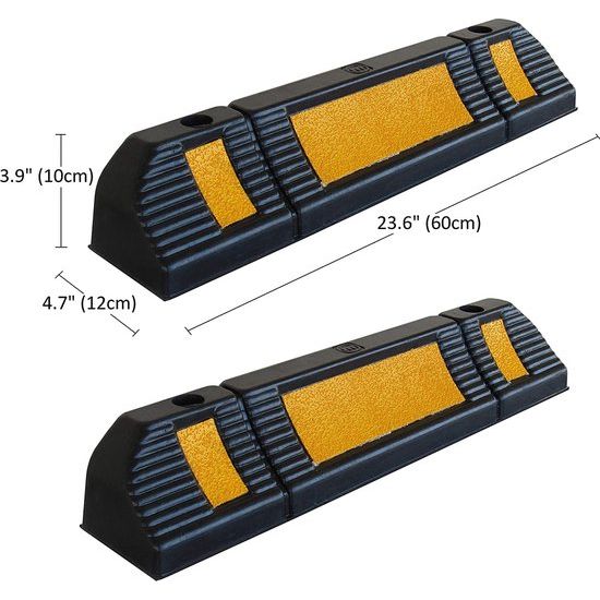 Rubberen wielstop-parkeerbegrenzing voor commerciële en particuliere parkeerplaatsen, parkeerplaatsen en privégarages, kleur zwart-geel, afmetingen 60x12x10 cm (2-pack)