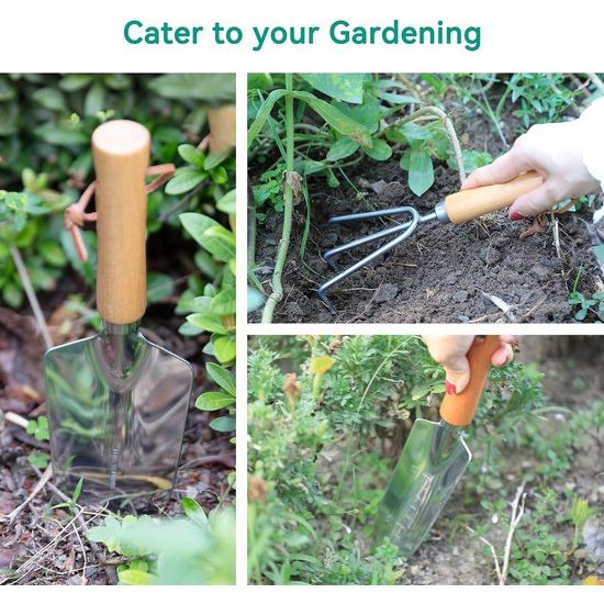 Tuincadeaus voor vrouwen Tuingereedschap 3-delige robuuste roestvrijstalen tuinset inclusief handschep, verplantschep en cultivator Handhark met houten handvat (klassiek)