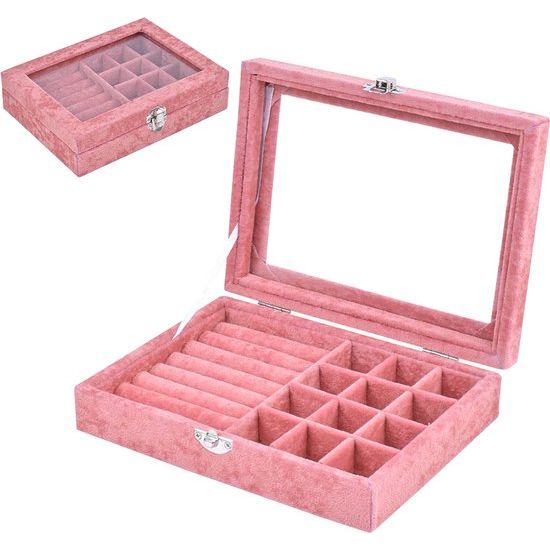 sieradenorganizerdoos, sieradendoos met glazen deksel, sieradendisplay, sieradenkoffer, sieradenkistje, sieradenlade voor halsketting, armband, ringen, oorbellen, sieraden (roze)