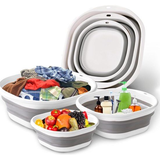 Opvouwbare wasmand, set van 3, duurzame wasmand met 3 haken, gemaakt van kunststof, grijs, opvouwbare wasmand, ruimtebesparende opvouwbare wasmand voor afwassen, fruit, kamperen, wasgoed.