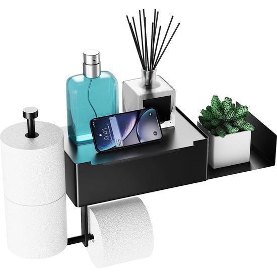 Black Toilet Paper Holder, No Drilling Toilet Paper Holder with Wet Wipes Box, Stainless Steel Paper Holder for Toilet and Bathroom Wall Mount