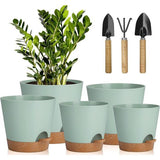 5 stuks kunststof bloempot met irrigatiesysteem, 17,8/16,5/15,2/13,9/12,7 cm, zelfbewatering, sierpot met onderzetter, ronde plantenbak voor binnen en balkon, tuin, planten, vetplanten, cactus, groen