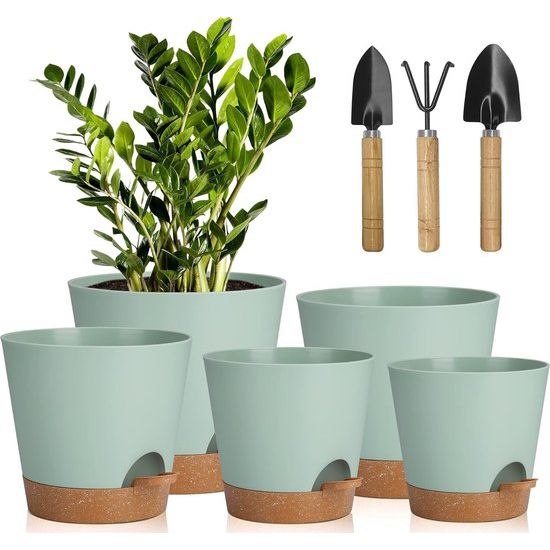 5 stuks kunststof bloempot met irrigatiesysteem, 17,8/16,5/15,2/13,9/12,7 cm, zelfbewatering, sierpot met onderzetter, ronde plantenbak voor binnen en balkon, tuin, planten, vetplanten, cactus, groen