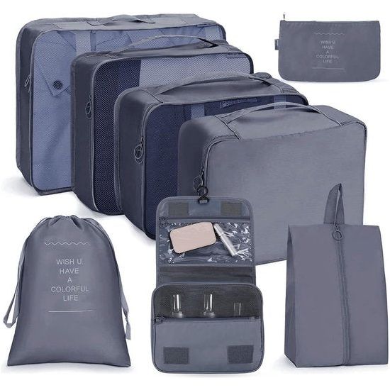 Koffer Organizer Set 8-delig, verpakking cubes, waterdichte reistas, kledingtassen, paktassen voor koffer, kofferorganizer, reistas met make-uptas, schoenenzak, USB-kabeltas (As)