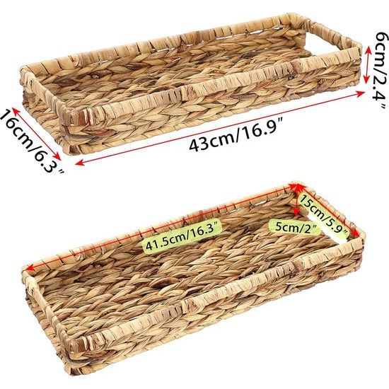 Geweven tablet van waterhyacint, zeegras met handgrepen, bruin waterdichte rechthoekige opbergmand in badkamer, slaapkamer, toiletafdekking als decoratie, cadeau, 43 x 16 x 5 cm