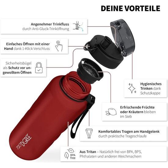 SoftTouch-drinkfles "uberBottle" + zeef - 1,5 L - BPA-vrij - waterfles voor sport, fitness, sportschool, buitenshuis, wandelen - grote sportfles van Tritan - licht, duurzaam