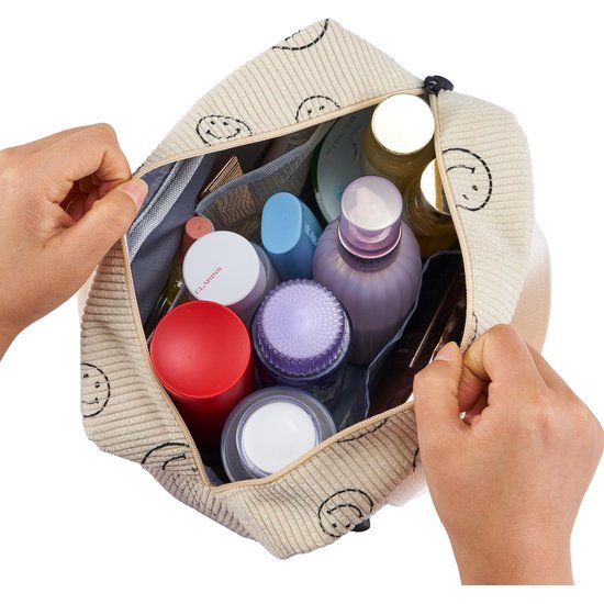 Toilettas Koord Dames Grote Cosmetische Tas Koord Make-up Tas Koord Cosmetische Tas met Glimlach Corduroy Cosmetische Tas Reizen Cosmetische Tas voor Reizen Meisjes Dames, BEIGE-B