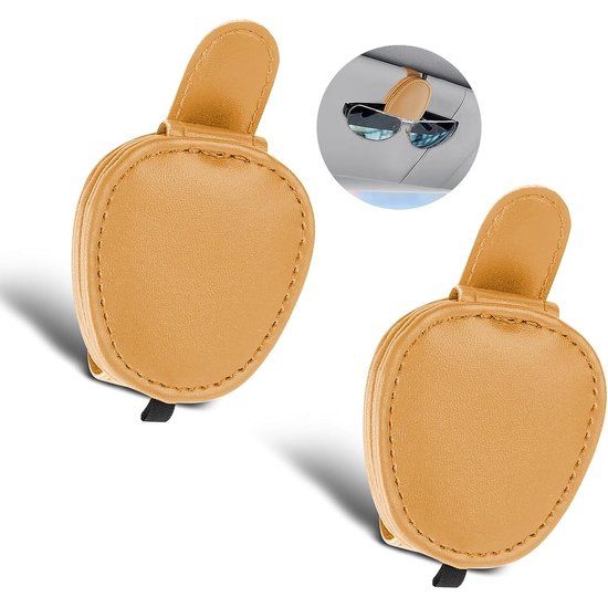 Brillenhouder voor in de auto, 2-pack lederen zonnebrillenhouder Universele zonnebril Brillenhouder met kaartkaartclip voor autovizier Kleine brillenhouder (beige-geel)