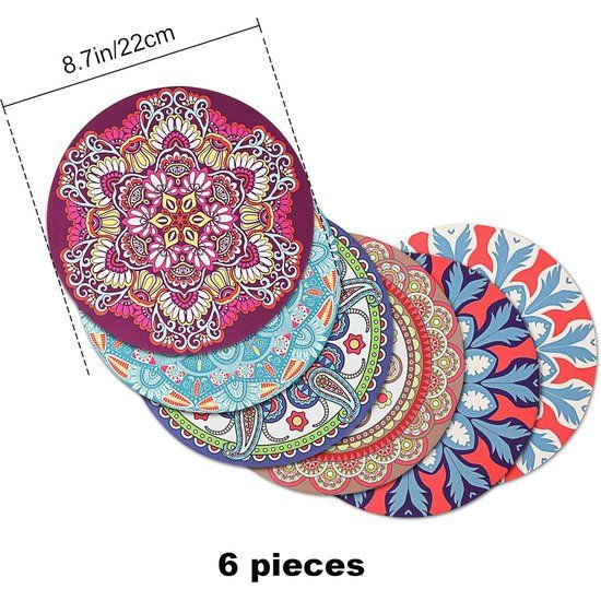 Placemats en onderzetters set van 6, diameter 22 cm, ronde mandala placemats, warmte-isolatie, wasbaar, antislip rubberen placemats voor de eettafel, keuken
