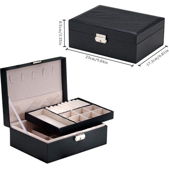 Sieradendoos Organizer 2-Laags Leren Sieraden Opbergtas met Slot en Afneembare Lade & Verdeler PU Lederen Sieradenhouder voor Ketting Horloge met Deksel Geschenken voor Meisjes Vrouwen