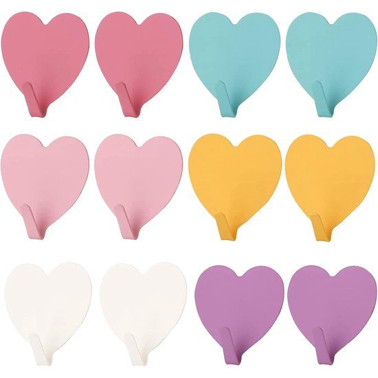12 stuks zelfklevende haken, roestvrij staal, zelfklevende haken, kledinghaken, wandhaken, garderobehaken, kleurrijke plakhaken, hartvorm, wandhaken, zelfklevend, waterdicht zonder boren, kledinghaken, wandhaken, plakken