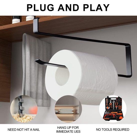 Keukenrolhouder zonder boren, 2 stuks papierrolhouders, keuken, zonder boren, keukenrolhouder, onderkast, papieren handdoekrolhouder, servetten, dispenser, kast voor keuken en badkamer (zwart)