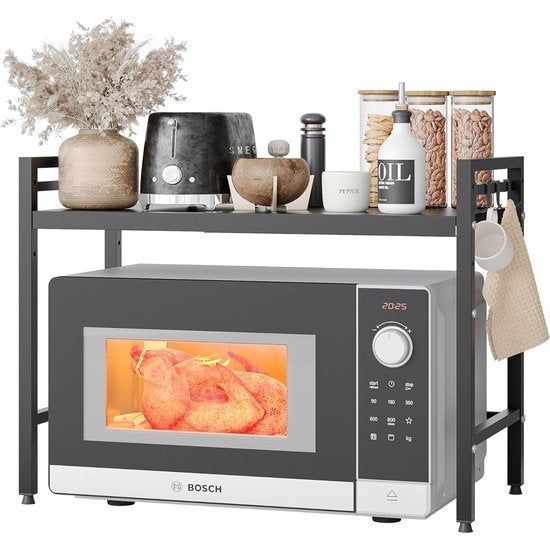 Uitbreidbaar magnetronrek, 2-traps magnetronstandaard, organizer, staand voor bakkersrekken met 4 haken, zwart