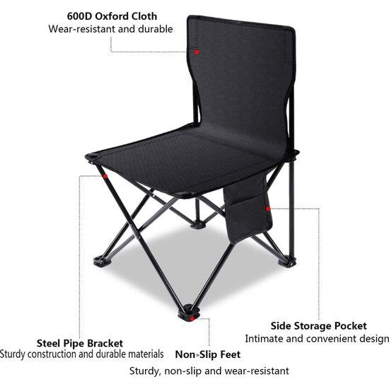 Campingklapstoel, campingstoel, high-performance gazonstoel met koeltassenondersteuning, 150 kg, stalen frame, inklapbare vissersstoel (zwart)