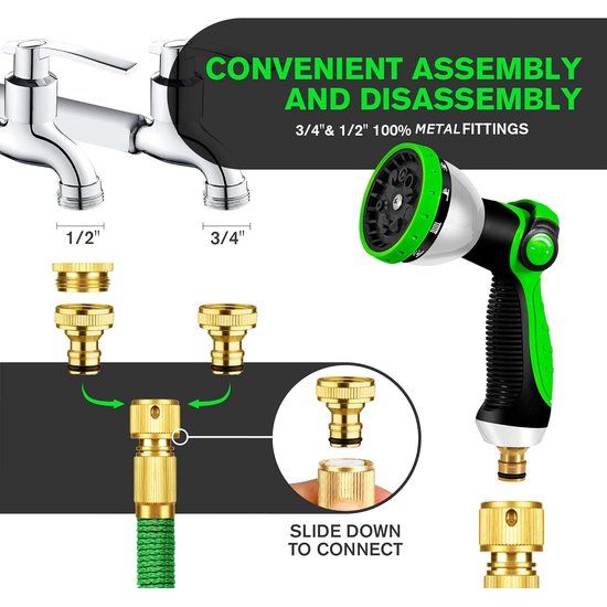 Flexibele tuinslang, rekbare waterslang met 3-laagse latexkern, 45 m, 10 functies tuinslang, metalen verbinding, slang ideaal voor tuinieren en huishouden
