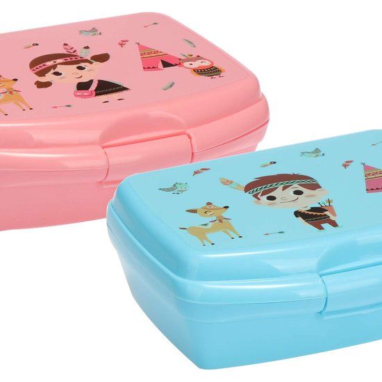 6-delige set lunchtrommel en bestek, met grappige indianenmotieven voor jongens en meisjes, broodtrommels met lepel en vork (roze/blauw - 6-delig)