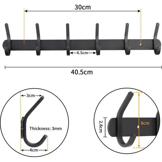 Wall Coat Hook, Coat Hook with 6 Hooks, Metal Hook Rack for Bedroom, Bathroom, Kitchen for Hanging Hat, Coat, Towel and Purse, Black