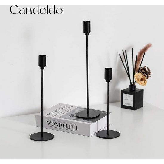 Kandelaar zwarte kaarsenhouder metalen kandelaars: Candeldo staafkaarsenhouder set van 3 moderne tafel decoratie kaarsenhouder hoog voor staafkaarsen decoratie woonkamer tafeldecoratie