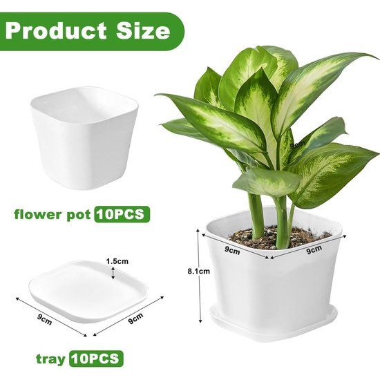 10 stuks witte bloempotten, kleine vierkante plantenpotten met schotels, kunststof bloempotten, moderne kweekpotten, vierkante pot, plantenpot, bloempot voor planten, balkon (9 x 9 x 8 cm)