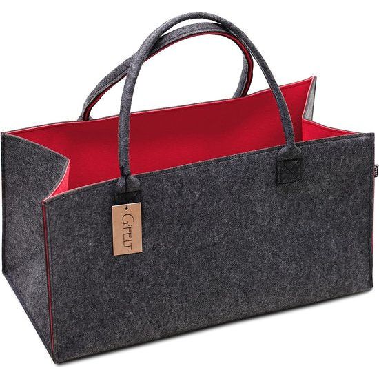 Premium vilten tas - als hoogwaardige boodschappentas, chique vrijetijdstas of badtas, krantenmand, vilten mand, boodschappenmand, stevige brandhouttas - tweekleurig grijs en rood