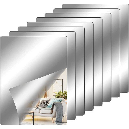 Pakket van 8 spiegelvellen, 30 x 21 cm, zelfklevend en flexibel zonder glazen spiegelmuurstickers | 1 mm dik | Flexibele spiegelfilms voor de badkamerinrichting thuis.