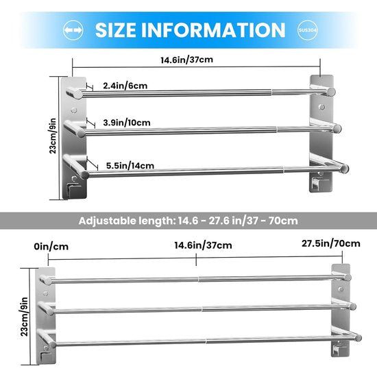 Towel Rail, No Drilling, Stainless Steel Towel Holder, Extendible 37-70 cm, Bathroom Towel Holder, 3 Bars with Hooks, Self-Adhesive Wall Mounted Towel Holder for Bathroom, Kitchen, Wall,