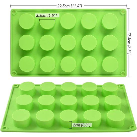 Newk Cilinder Siliconen Mal, 3 Packs 15-Holte Ronde Cilindervorm voor Cupcake, Handgemaakte Zeep, Muffin, Cake, Cheesecake, Brownie, Chocolade Cover-Groen