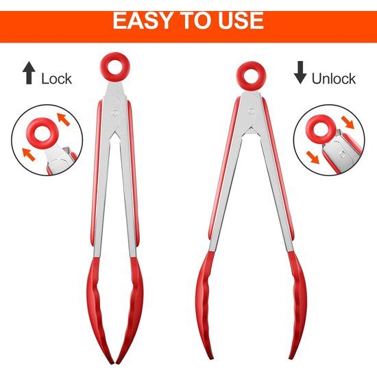 Keukentang roestvrij staal, 22,4 cm, barbecue-tang, keukentang van siliconen, levensmiddelenkwaliteit, met slot en antislip handgreep, keukengerei-accessoires voor pasta, vlees, gehaktballen
