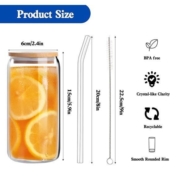 Aikio drinkglazen met bamboe deksels en glazen rietjes, 4 sets 16 oz ijskoffiemokken blikvormige glazen bekers bierglazen pintglazen geweldig voor watercocktail whisky frisdrank cadeau