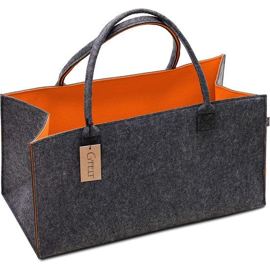 Premium vilten tas - als hoogwaardige boodschappentas, chique vrijetijdstas of badtas, krantenmand, vilten mand, boodschappenmand, stevige brandhouttas - tweekleurig grijs en oranje