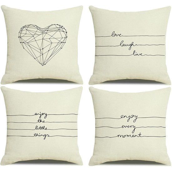 Kussenslopen 4 stuks 40x40 linnen mix kussensloop hart bankkussenovertrek set "Love Laugh Live" kussenhoezen crème decoratief kussen