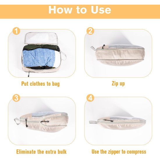 Kofferorganizer, Packing Cubes, compressiekoffer, organizer, set, waterdichte kofferorganizer, paktassen voor koffer, reizen, benodigdheden, uitbreidbaar, reistas, organizer voor handbagage, beige, 3