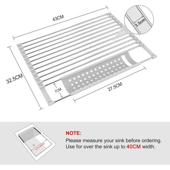 Roestvrij stalen afdruiprek, afdruiprek, afdruiprek, oprolbaar afdruiprek, inklapbaar en afneembaar, voor keuken, spoelbakken, fruit, groenten (43 x 40 cm)