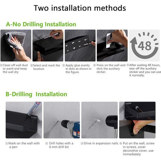 Doucheplank, zwart, douchegelhouder, doucheplank, doucheplank, douchemand, zonder boren, shampoohouder voor douche, zwart, mat, roestvrij staal, 30 cm