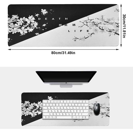 Grote gaming-muismat, zwart en wit, Cherry Blossom, genaaide randen, muismat, lange antislip rubberen onderkant, 300 x 800 x 2 mm, voor pc, MacBook, laptop