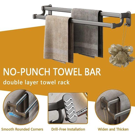 Towel Rail No Drilling - Wall Towel Holder with 2 Hooks - Self-Adhesive Towel Rail 60 cm Towel Holder Double Arms - Wall Mounted Towel Rack for Bathroom Kitchen (60 cm)