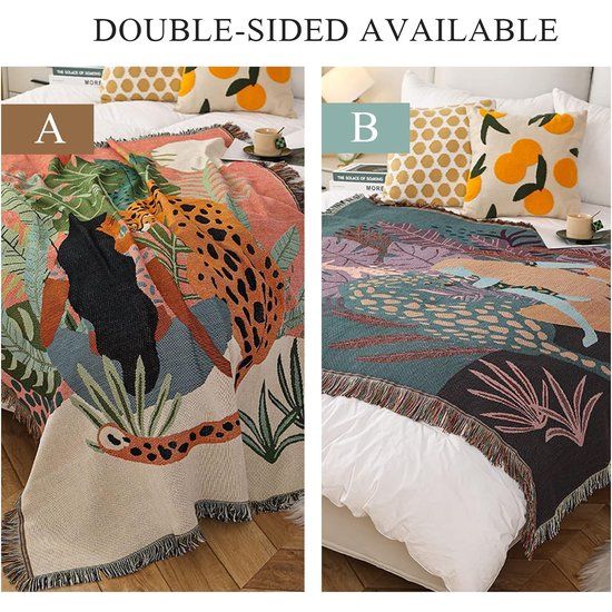 dubbelzijdige katoenen geweven deken plaid met kwastjes, in jungle bohemien stijl. Het is een wandtapijt, knuffeldeken en decoratieve deken voor op bed, bank, fauteuil, campingdeken, tafelkleed en tapijt. De afmetingen zijn 160 x 130 cm.