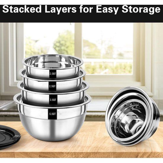 Mengkomset, roestvrij stalen kommen, 7-delige set met luchtdichte deksels, stapelbaar, vaatwasmachinebestendig, maat 5, 3,5, 2,5, 2, 1,5, 1, 0,67 QT, ideaal voor mengen en serveren