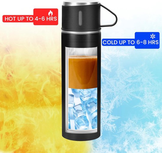Zwarte thermosfles van roestvrij staal met deksel en 2 bekers - 500 ml dubbelwandige thermoskan met beker - lekvrije thermosfles voor warme en koude dranken