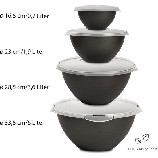 Saladekom, set groot met deksel, bowl, komset, 0,7 - 6 l, antracietzwart, grote kommen van kunststof, BPA-vrij